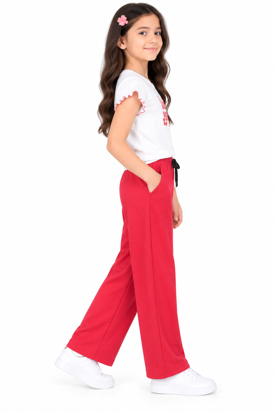 CHILINS Girls Red Wide Leg Palazzo Pants | Elasticated Drawstring Waist | Side Pockets | Full Length | Regular Fit