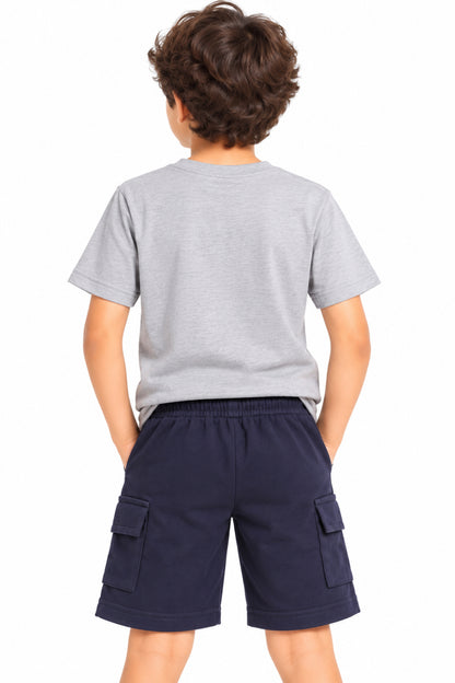 CHILINS Boys Navy Blue Cargo Shorts | Drawstring Waist | Utility Pockets | Knee Length | Regular Fit