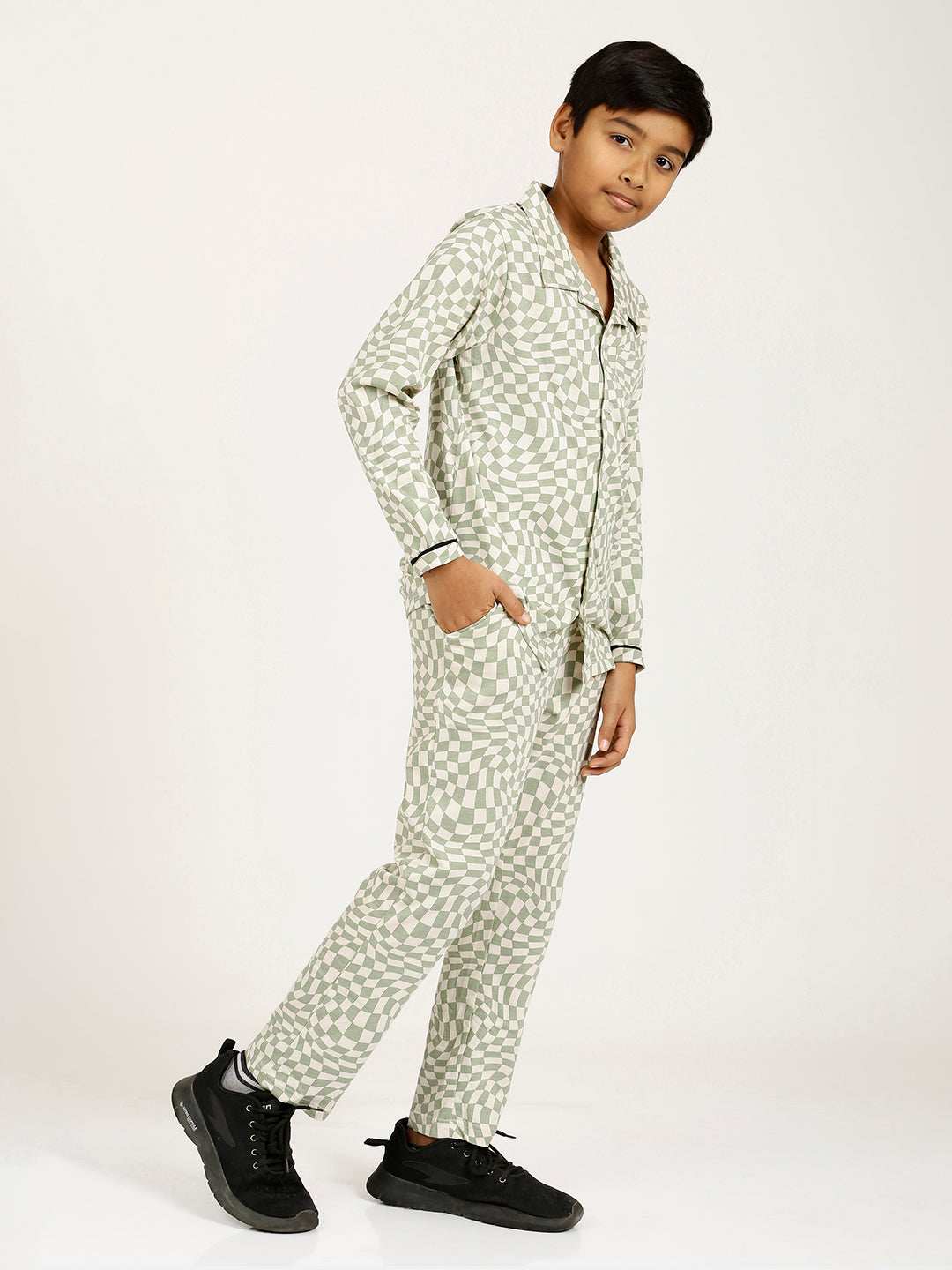 CHILINS Boys Shirt Pyjama Night Dress – Pure Cotton, White & Green