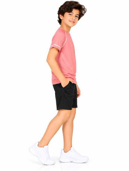 CHILINS Kids Coral Pink Sports T-Shirt | Boys & Girls | Raglan Sleeves | Contrast Stitching