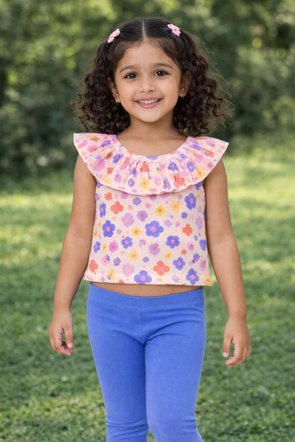 CHILINS Girls Cotton Printed Ruffle Neck Top – Cute Summer Casual Wear