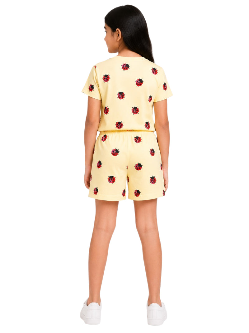 CHILINS Girls Yellow Ladybird Printed T-Shirt & Shorts Set | Kids Cotton Co-Ord Sportswear Set