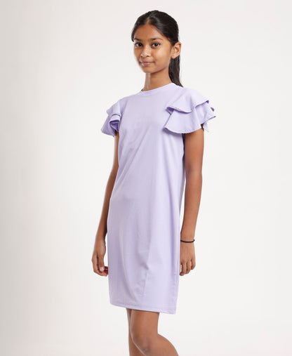Girls Light Purple Shift Dress | Stylish Ruffle Sleeves | Casual & Outing Wear
