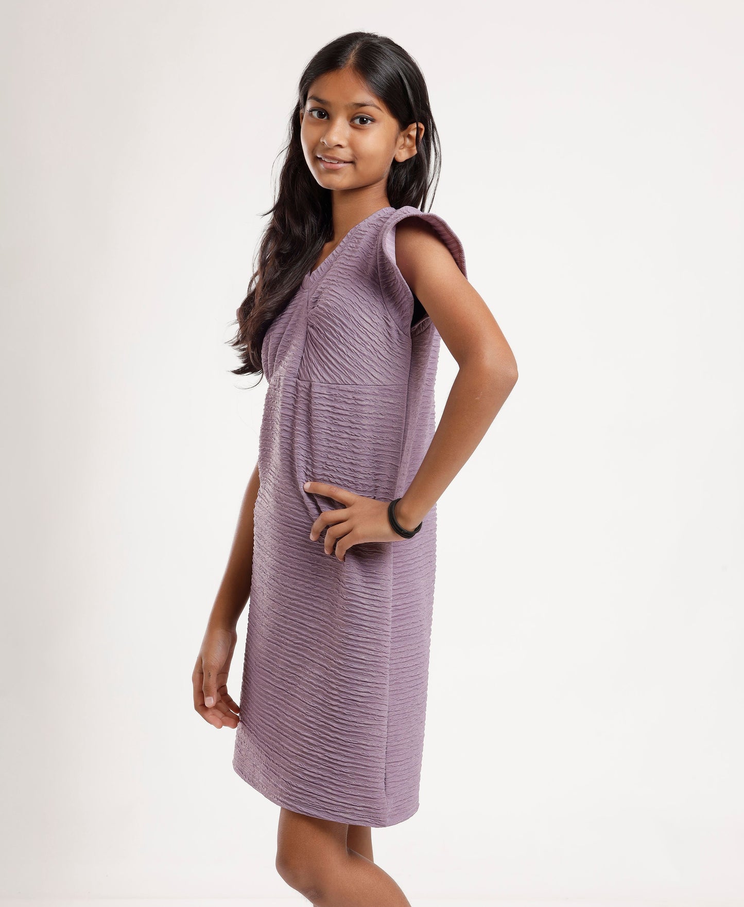 Girls’ Lavender Textured Flutter Sleeve Dress – Soft Comfortable V-Neck Casual & Party Wear Dress for Kids