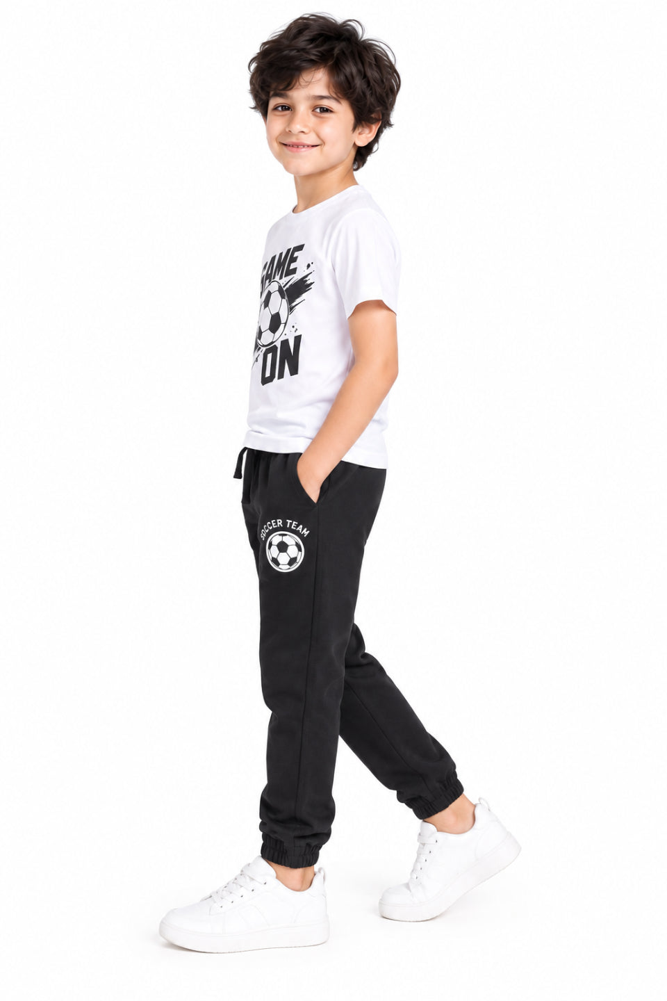CHILINS Boys Black Joggers | Soccer Print Jogger Pants | Elasticated Waist | Casual & Activewear