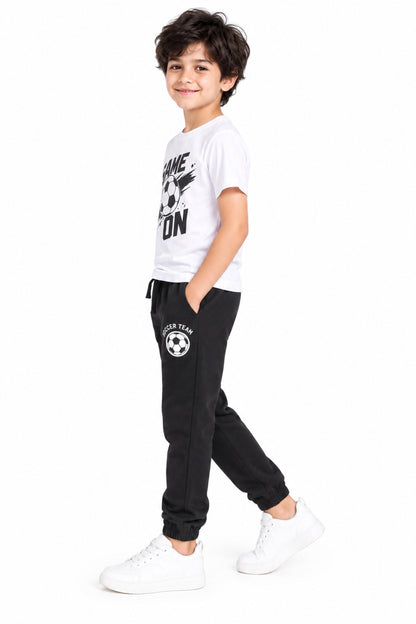 CHILINS Boys Black Joggers | Soccer Print Jogger Pants | Elasticated Waist | Casual & Activewear