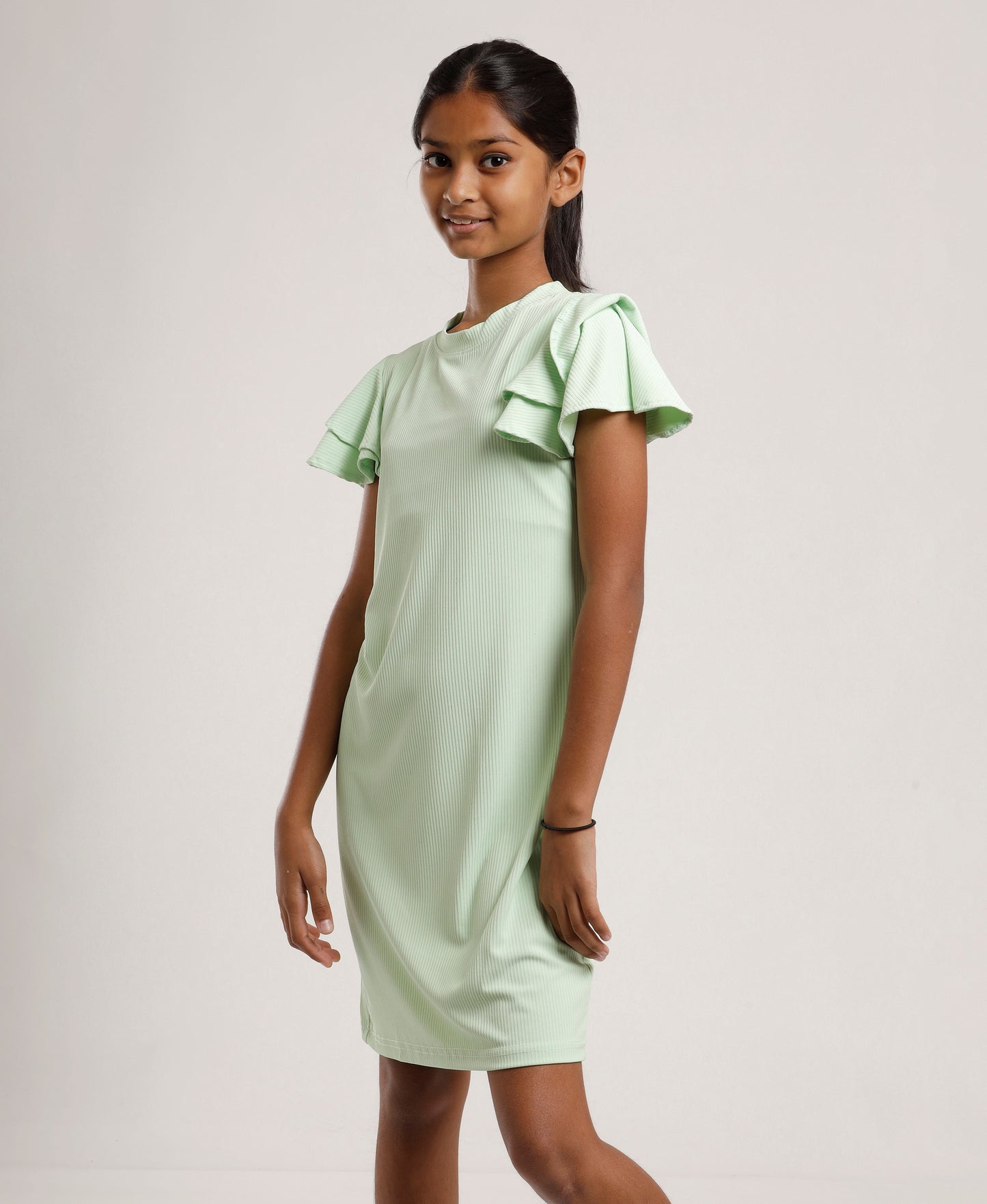 Girls Mint Green Shift Dress | Stylish Ruffle Sleeves | Casual & Outing Wear