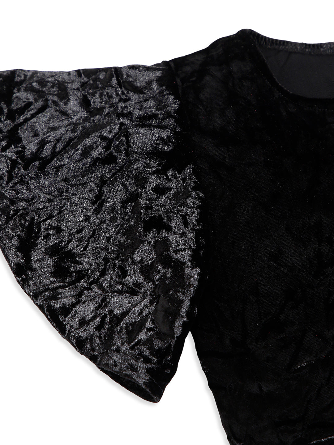 CHILINS Girls Black Velvet Top | Soft Crushed Velvet Flutter Sleeve Party Wear T-Shirt