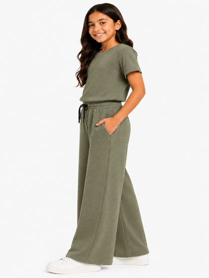 CHILINS Girls Olive Green Textured Top & Wide-Leg Pants Set