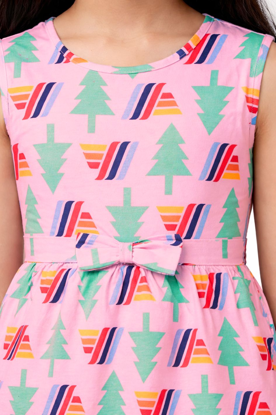 CHILINS Girls Pink Printed Sleeveless Frock Dress with Waist Bow