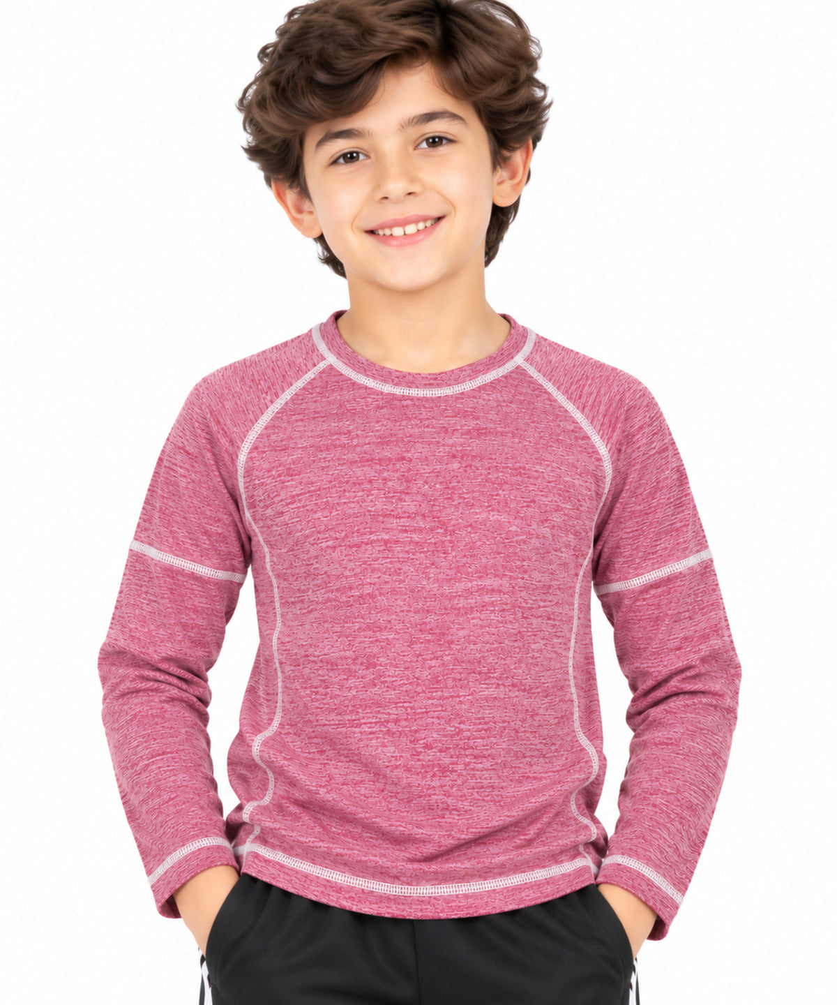 CHILINS Boys Pink Melange Full Sleeve T-Shirt | Round Neck | Raglan Sleeves