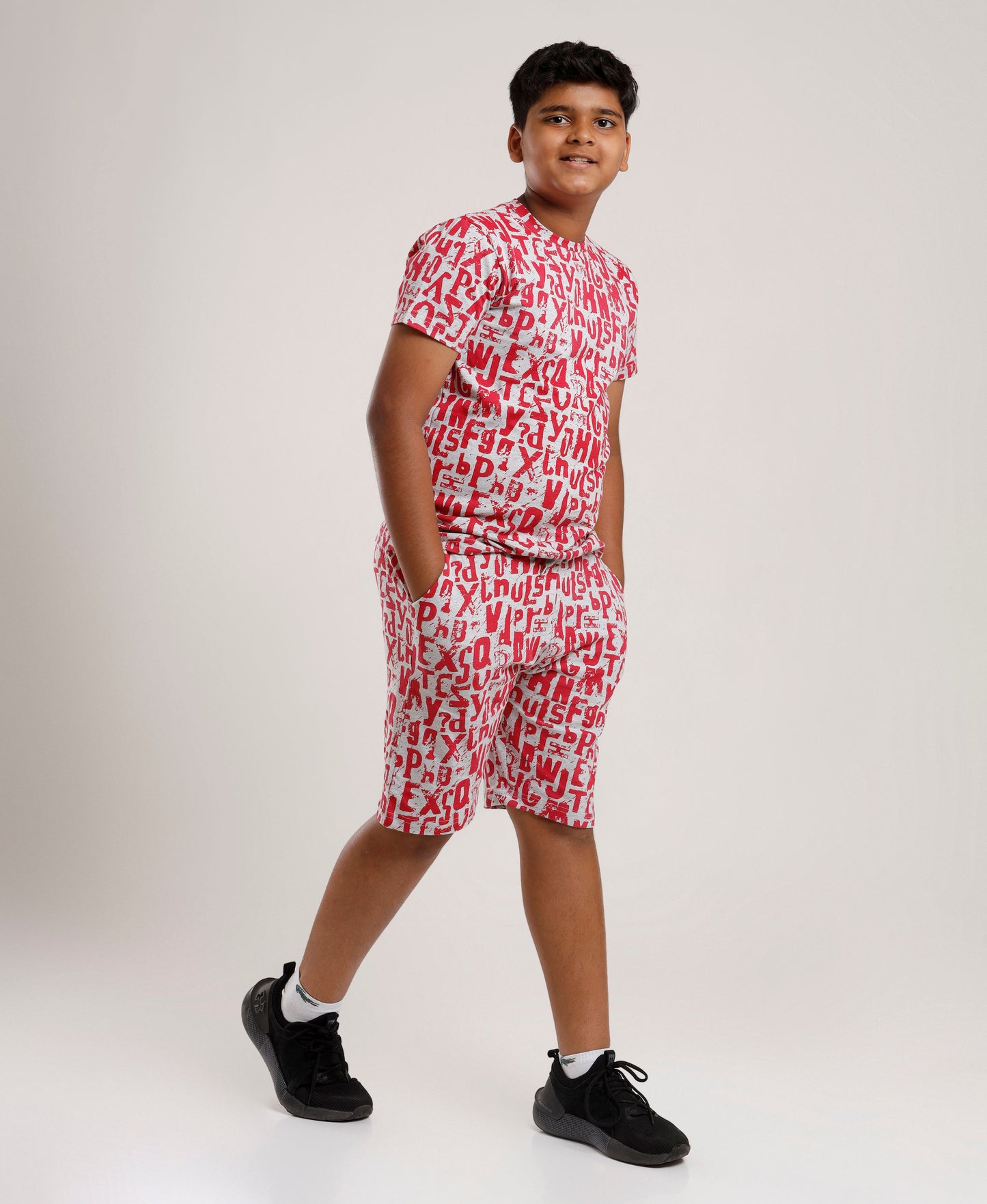 Printed Boys Half Sleeves Shorts Set - Coord set -White Red Night suit