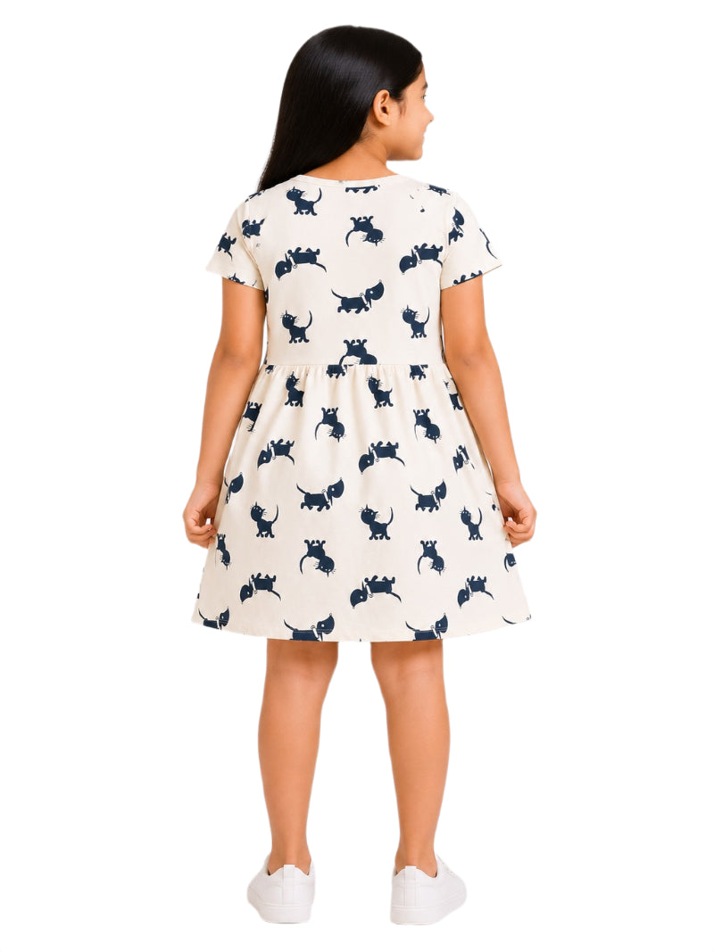 CHILINS Girls Beige Printed Cotton Frock Dress