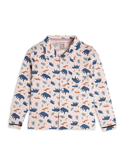 CHILINS Boys Woodland Animal Print Night Suit Set | 100% Pure Cotton Full Sleeve Shirt & Pyjama