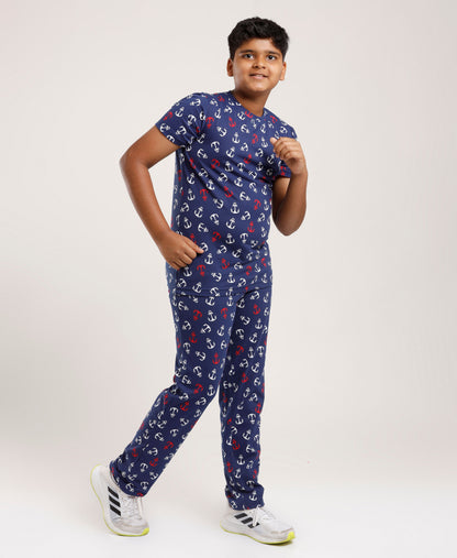 Printed Boys Half Sleeves Pyjama Set - Anchor - Coord set -Blue Night suit