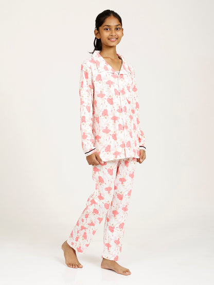 CHILINS Girl Cotton Shirt Pyjama Night Dress – Dancing Girl White & Pink Print