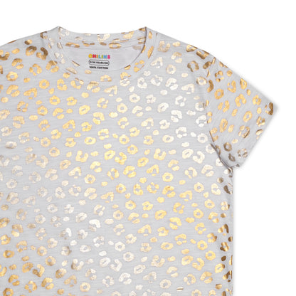CHILINS Girls Cotton T-Shirt – White with Golden Animal Print