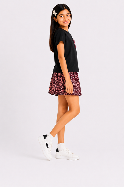 CHILINS Girls Black T-Shirt & Printed Shorts Co-Ord Set