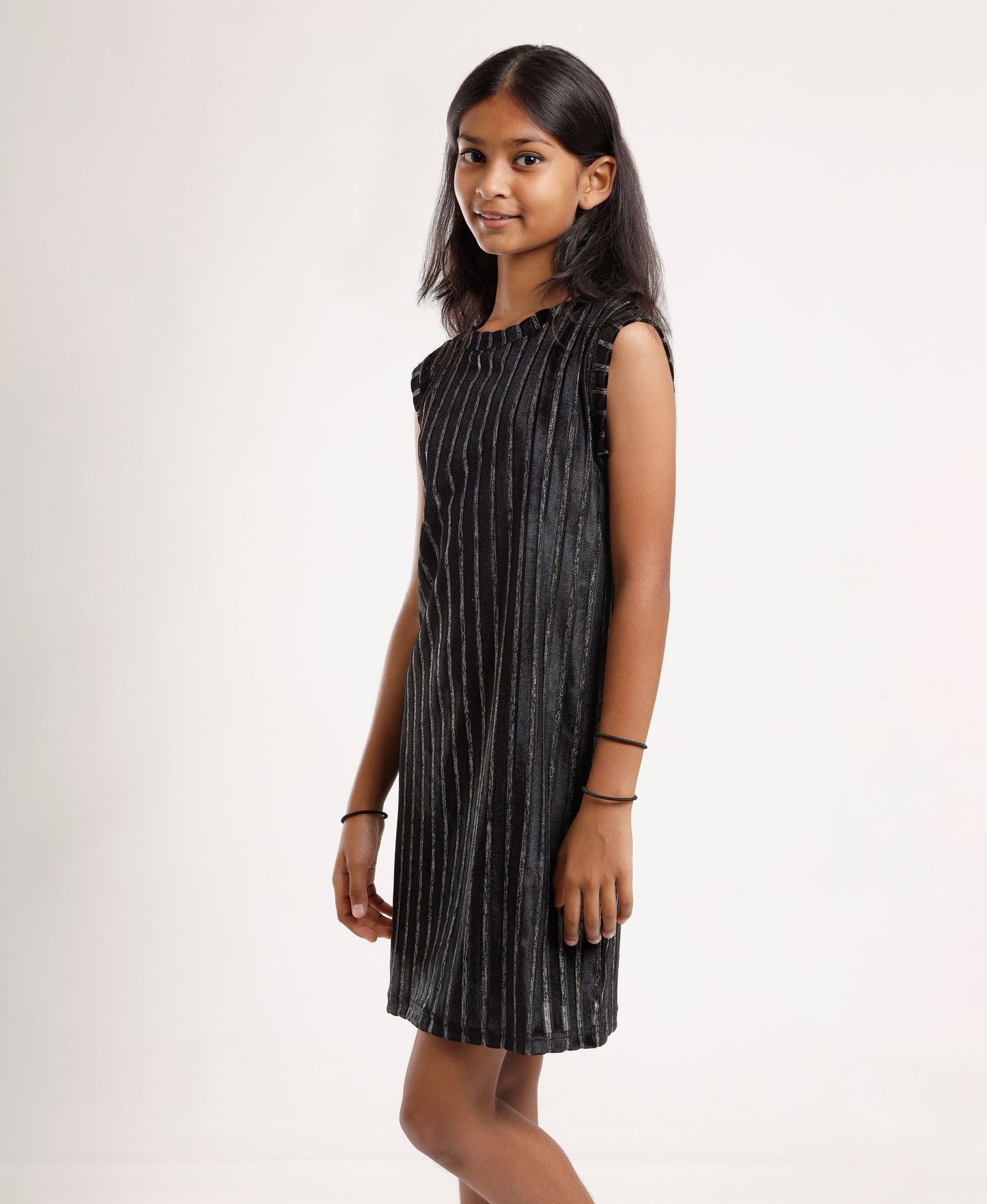 Girls Black Metallic Sleeveless Dress | Elegant Knee-Length Party Wear