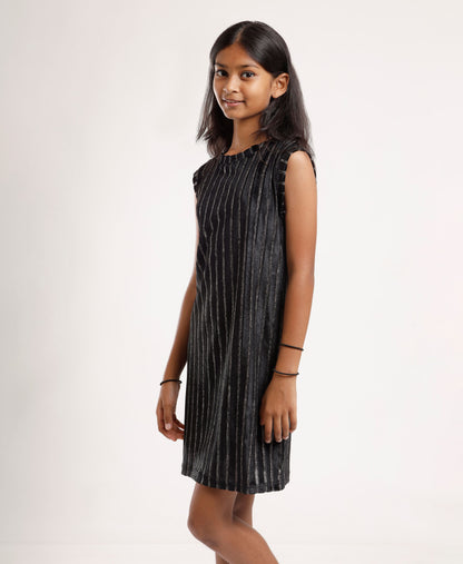 Girls Black Metallic Sleeveless Dress | Elegant Knee-Length Party Wear
