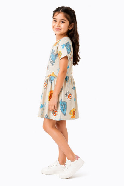 CHILINS Girls Beige Printed Round Neck Fit & Flare Dress