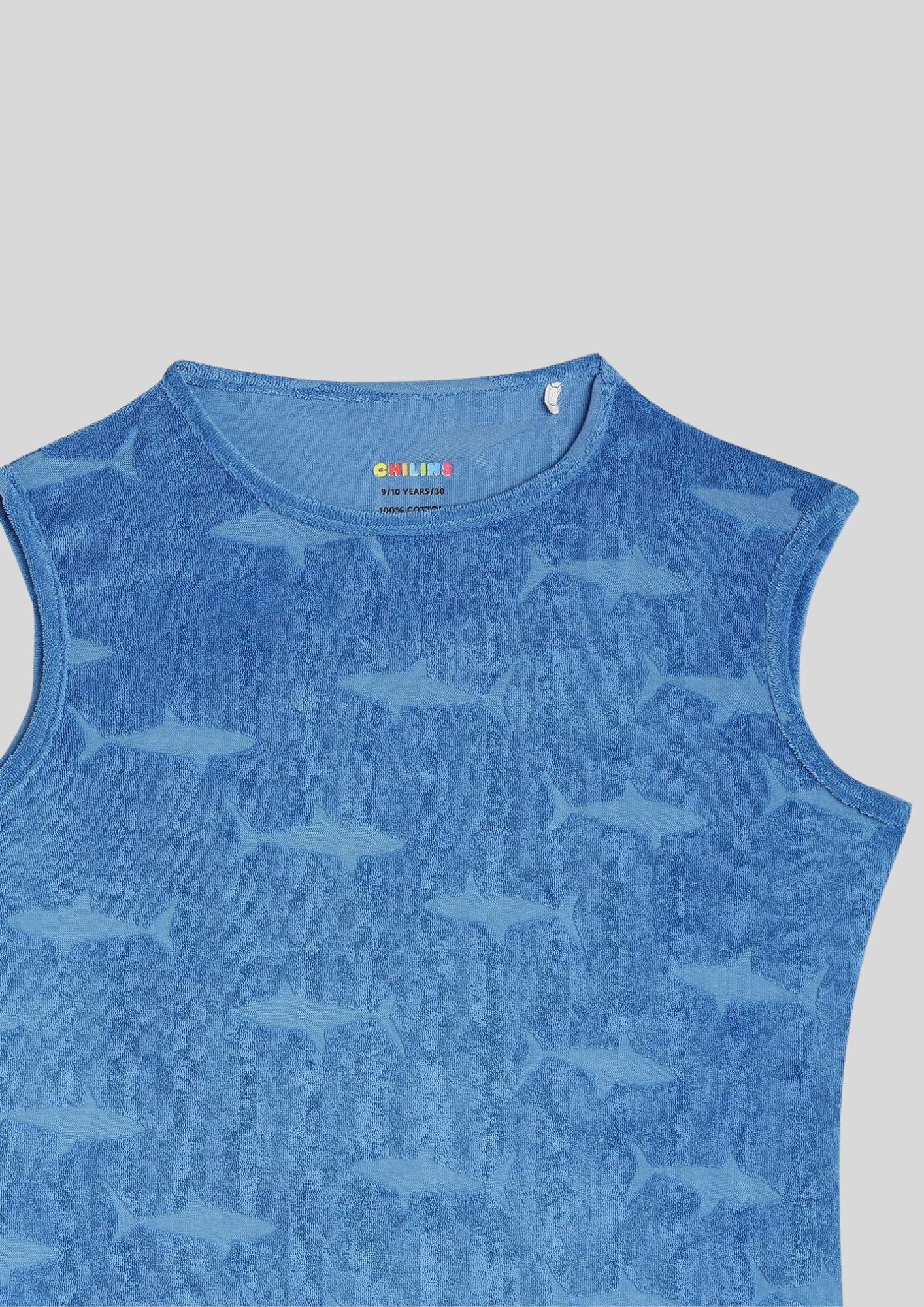 CHILINS Kids’ Blue Sleeveless Shark Print Dress – Fun & Comfortable Everyday Wear