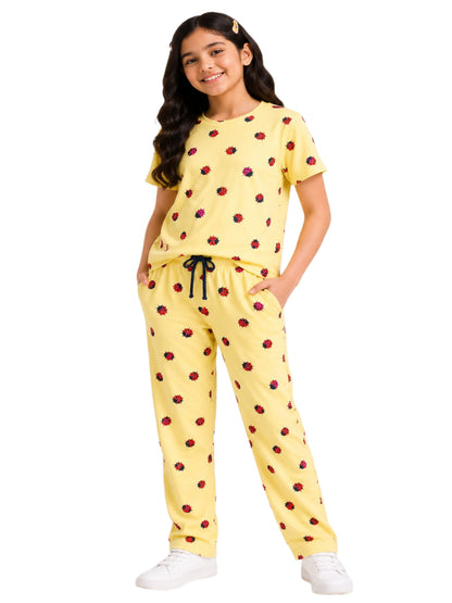 CHILINS Girls Yellow Printed T-Shirt & Pants Co-Ord Set – Casual Loungewear