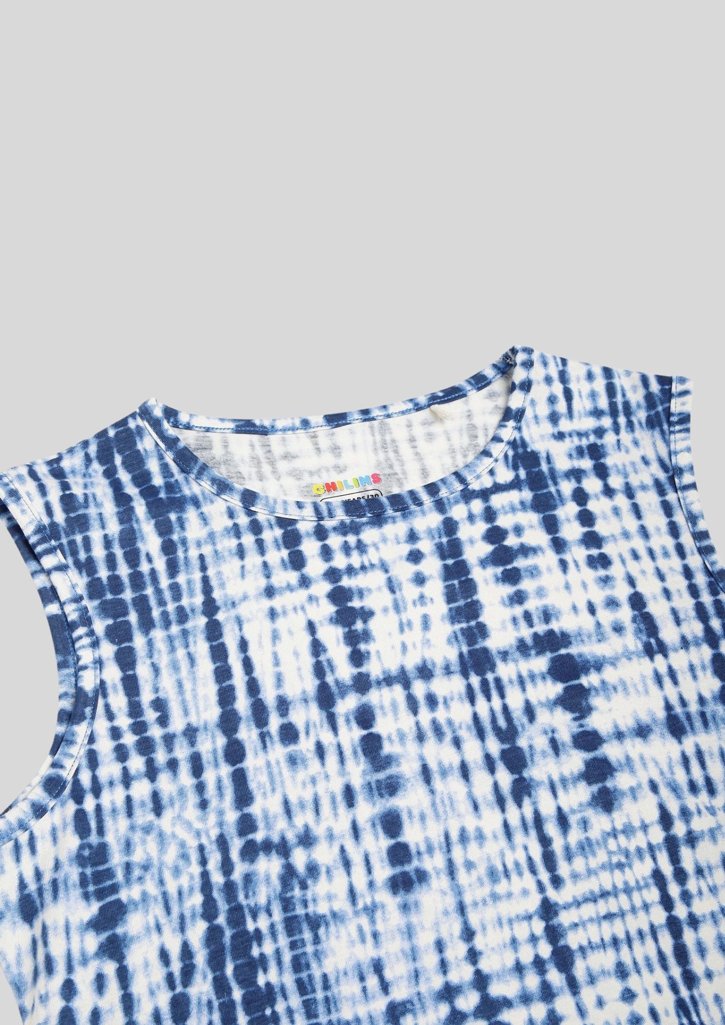 Girls Blue & White Tie‑Dye Sleeveless Dress – Trendy Summer Casual Wear