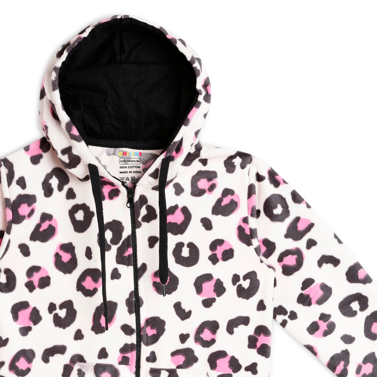 Girls Zipper Hooded Sweatshirt | Animal Print | Kangaroo Pockets | Regular Fit | White Black Pink