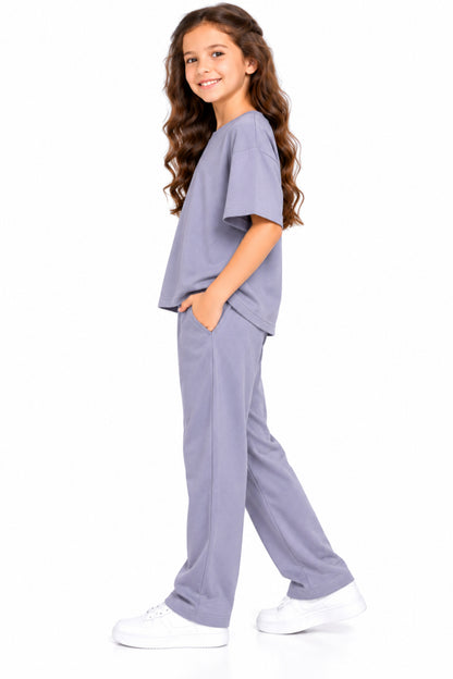 CHILINS Girls Purple Co-Ord Set | Oversized T-Shirt & Wide-Leg Pants