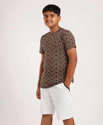 Boys’ Geometric All-Over Printed T-Shirt | Soft Cotton Casual Wear Tee for Kids
