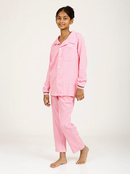 CHILINS Girls Shirt Pyjama Night Dress – Pure Cotton, Pink Checkered
