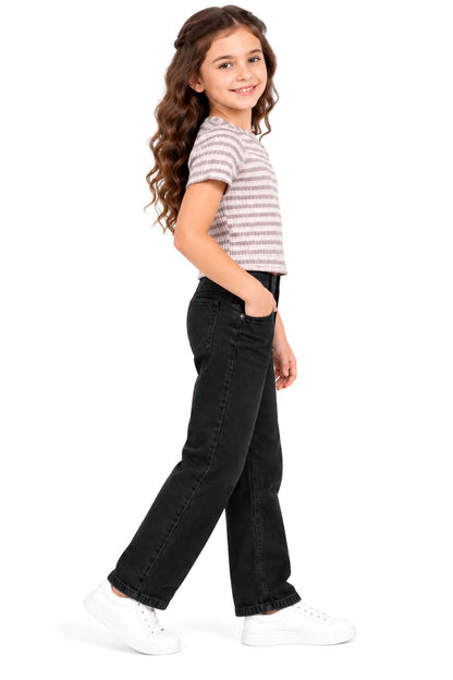 CHILINS Girls Grey & White Striped Crop Top | Short Sleeve Round Neck Casual Top