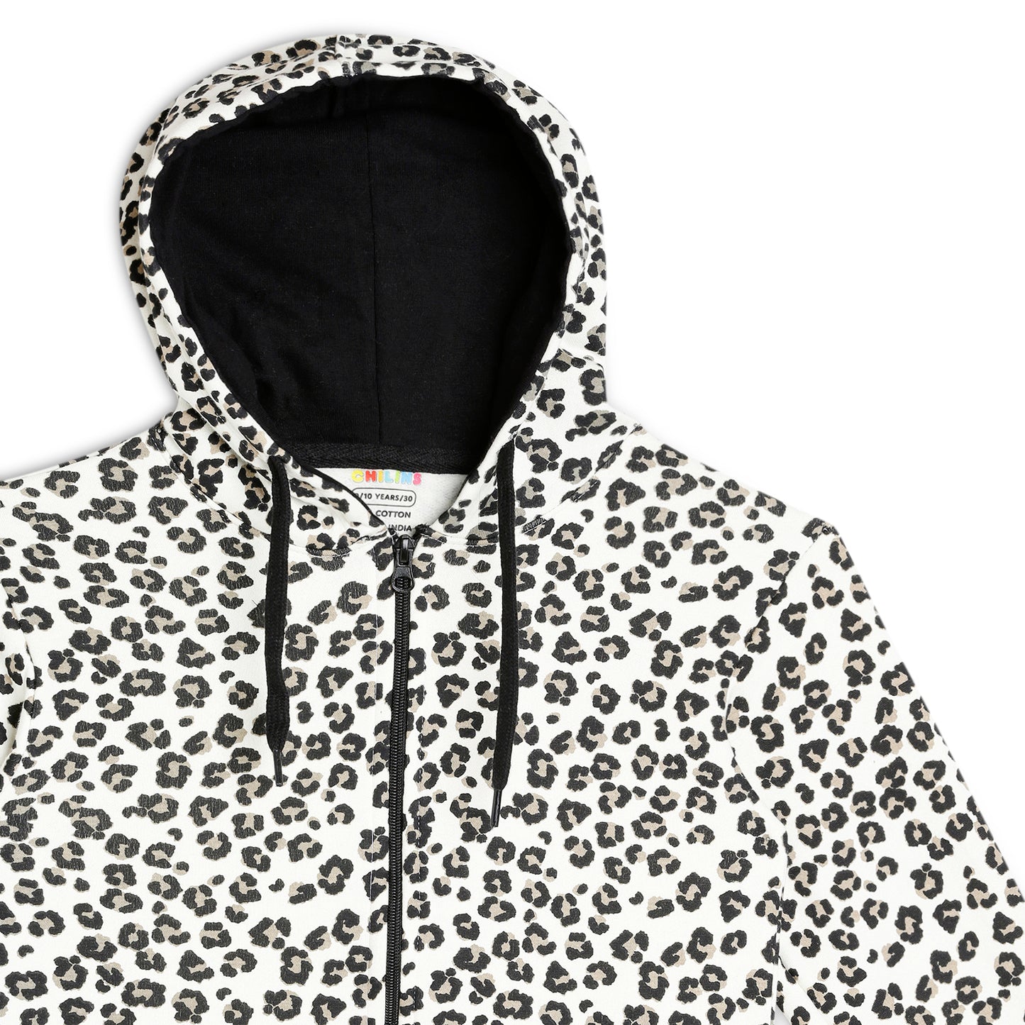 Girls Zipper Hooded Sweatshirt | Animal Print | Kangaroo Pockets | Regular Fit | White Black