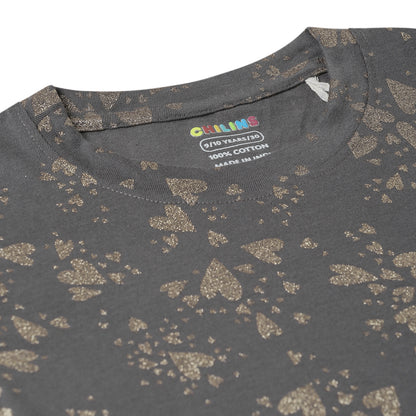Kids Girls Regular Round Neck Cotton Fit T-Shirt Grey Gold Print