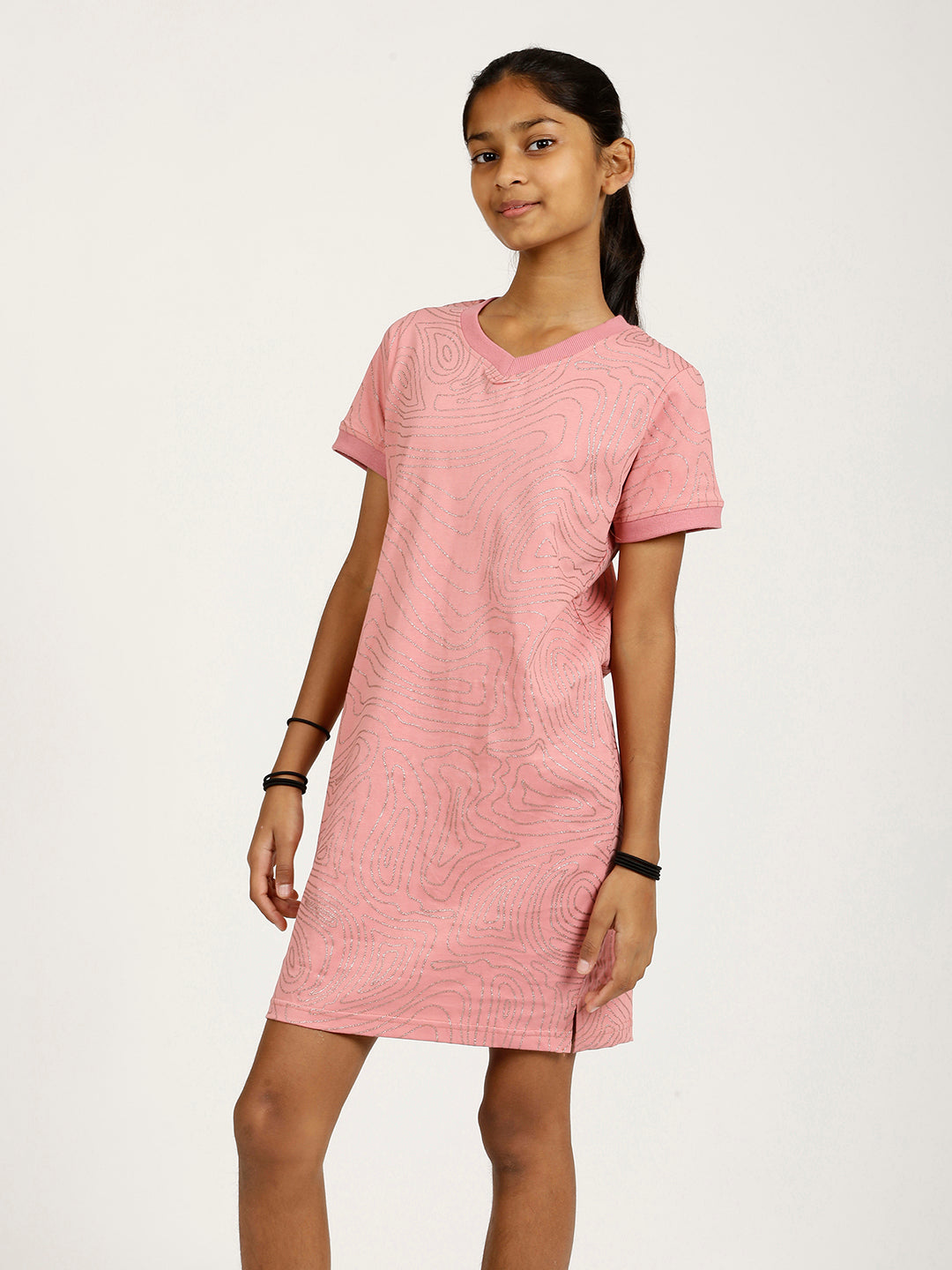 CHILINS Girls Pure Cotton Casual Dress – Pink with Golden Print
