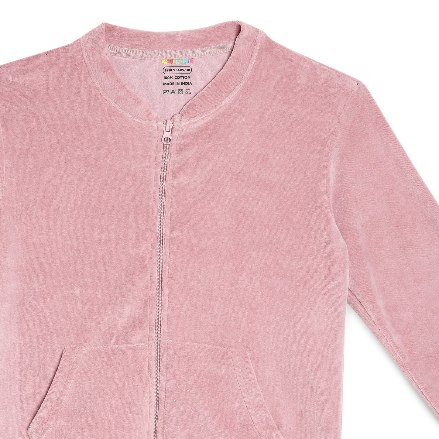 Girls Self Design Velvet Party Jacket with Zipper – Pink (Without Hood)