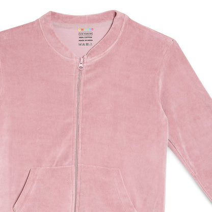 Girls Self Design Velvet Party Jacket with Zipper – Pink (Without Hood)