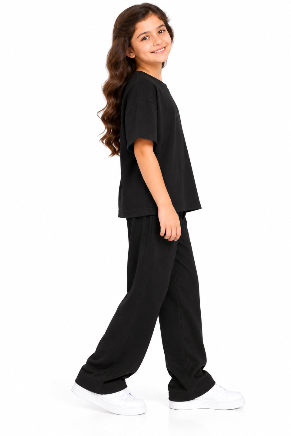CHILINS Girls Black Co-Ord Set | Oversized T-Shirt & Wide-Leg Pants