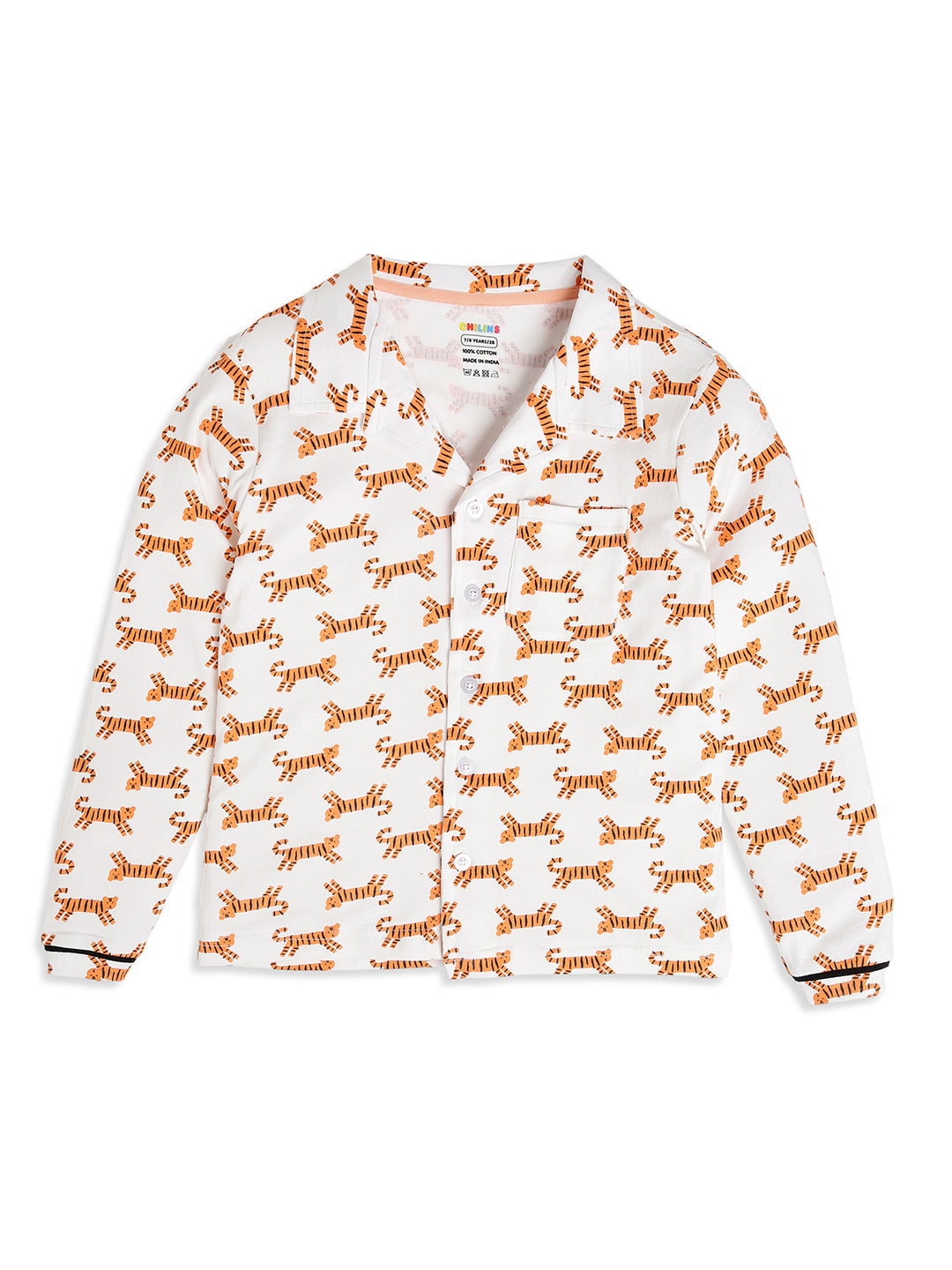 CHILINS Boys Tiger Print Night Suit Set | 100% Pure Cotton Full Sleeve Shirt & Pyjama