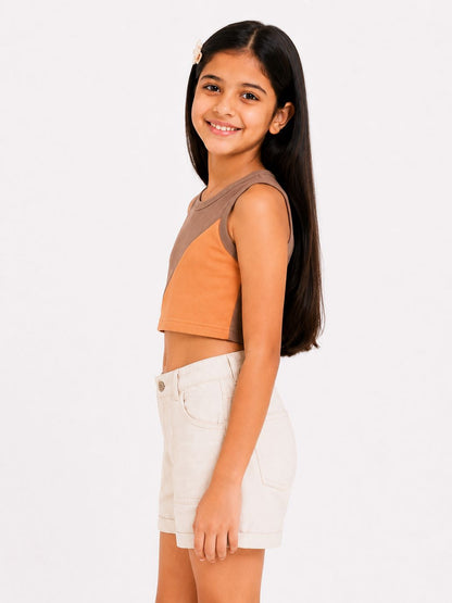 CHILINS Girls Brown & Peach Color Block Sleeveless Crop Top