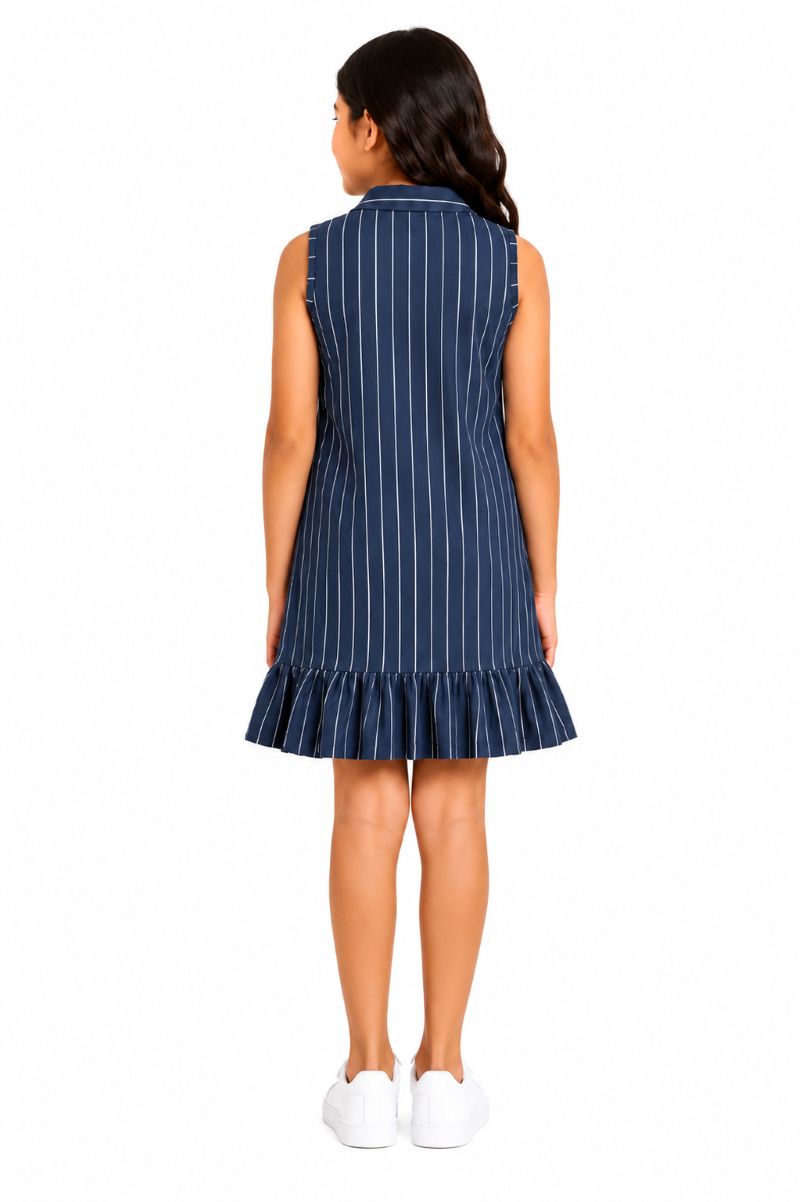 CHILINS Girls Navy Blue Striped Sleeveless Shirt Dress with Ruffle Hem