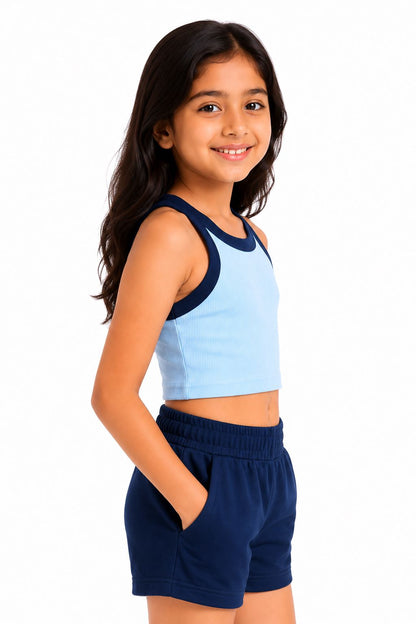 CHILINS Girls Sky Blue Ribbed Contrast Sleeveless Crop Top
