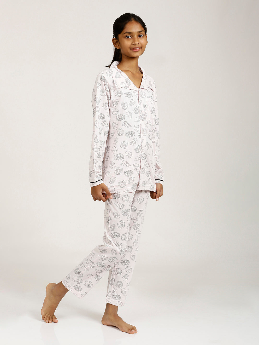 CHILINS Girls Shirt Pyjama Night Dress – Pure Cotton, Pink Foodies Print