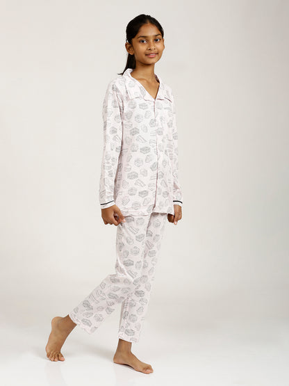 CHILINS Girls Shirt Pyjama Night Dress – Pure Cotton, Pink Foodies Print