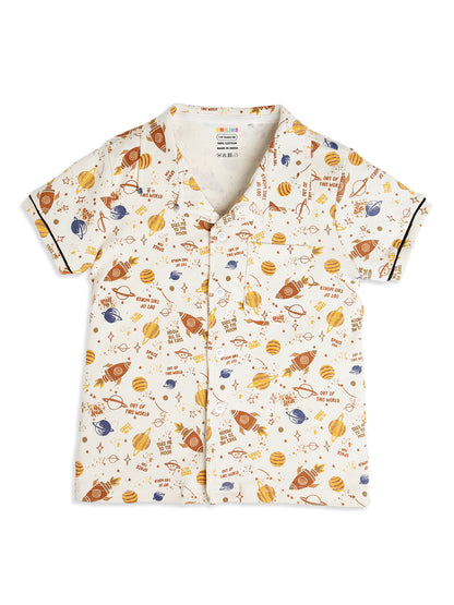 CHILINS Boys Space Rocket Print Night Suit Set | 100% Pure Cotton Half Sleeve Shirt & Shorts