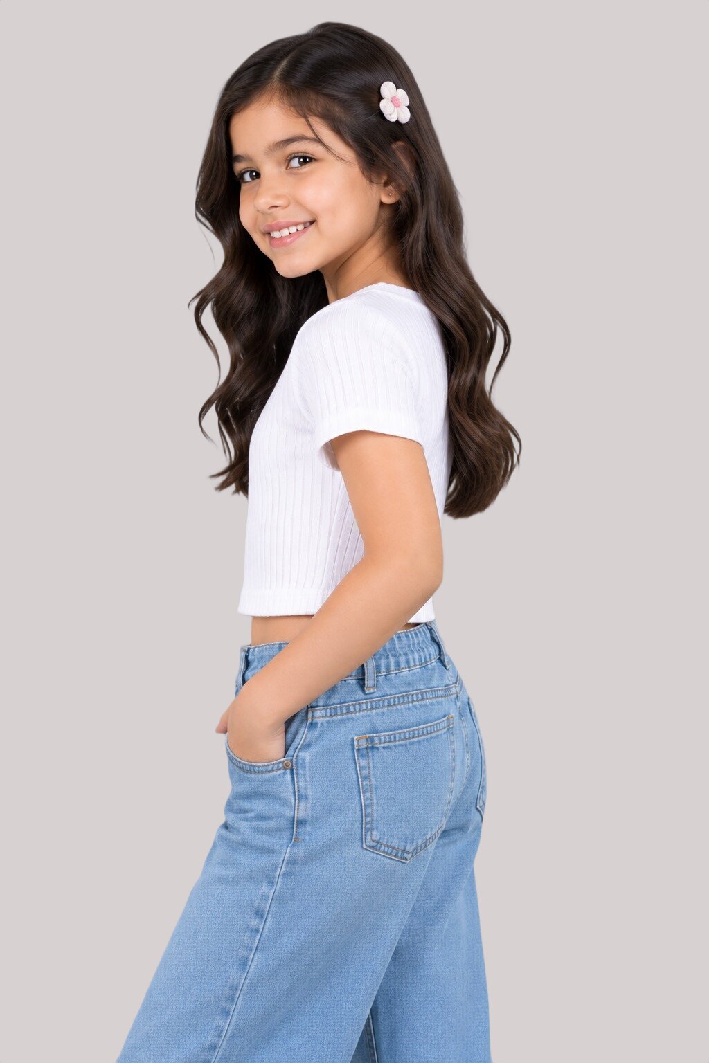 CHILINS Girls White Ribbed Crop Top | Short Sleeve Round Neck Casual Top for Kids