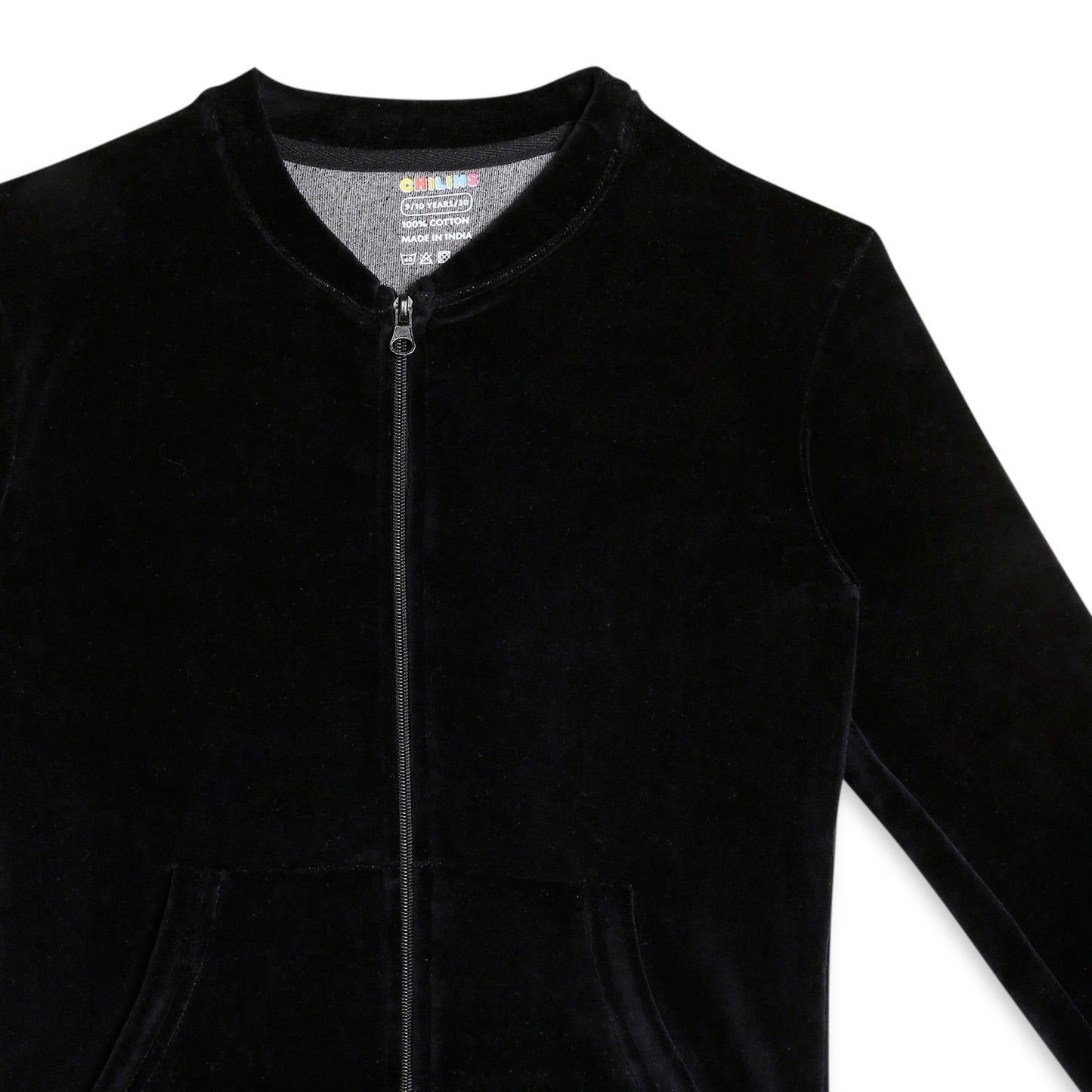 Girls Self Design Velvet Party Jacket with Zipper – Black (Without Hood)