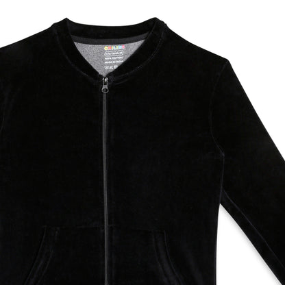 Girls Self Design Velvet Party Jacket with Zipper – Black (Without Hood)