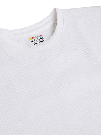 CHILINS Kids White Textured T-Shirt | Polyester Blended Ribbed Casual Top for Boys & Girls
